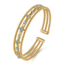 14K White  Yellow Gold Bujukan Beaded Diamond and Blue Topaz Flower Cuff Bangle Bracelet - 0.15 ct