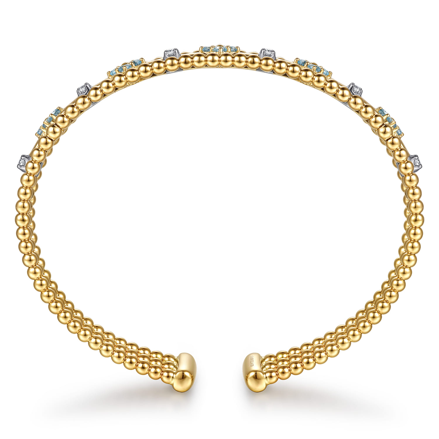 14K White  Yellow Gold Bujukan Beaded Diamond and Blue Topaz Flower Cuff Bangle Bracelet - 0.15 ct - Shot 3