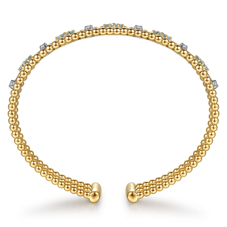 14K White  Yellow Gold Bujukan Beaded Diamond and Blue Topaz Flower Cuff Bangle Bracelet - 0.15 ct - Shot 3