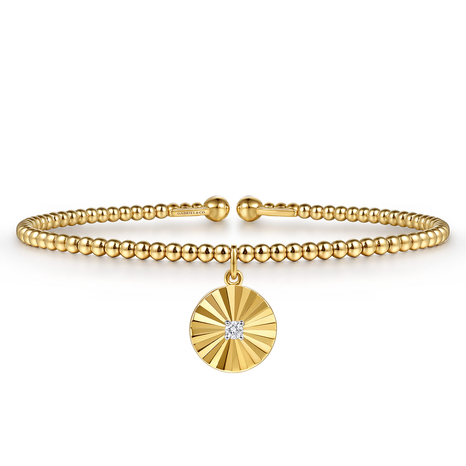 14K White  Yellow Gold Bujukan Beaded Diamond and Diamond Cut Charm Cuff Bangle Bracelet - 0.05 ct - Shot 1