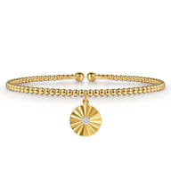 14K White  Yellow Gold Bujukan Beaded Diamond and Diamond Cut Charm Cuff Bangle Bracelet