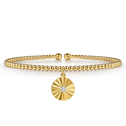 14K White  Yellow Gold Bujukan Beaded Diamond and Diamond Cut Charm Cuff Bangle Bracelet