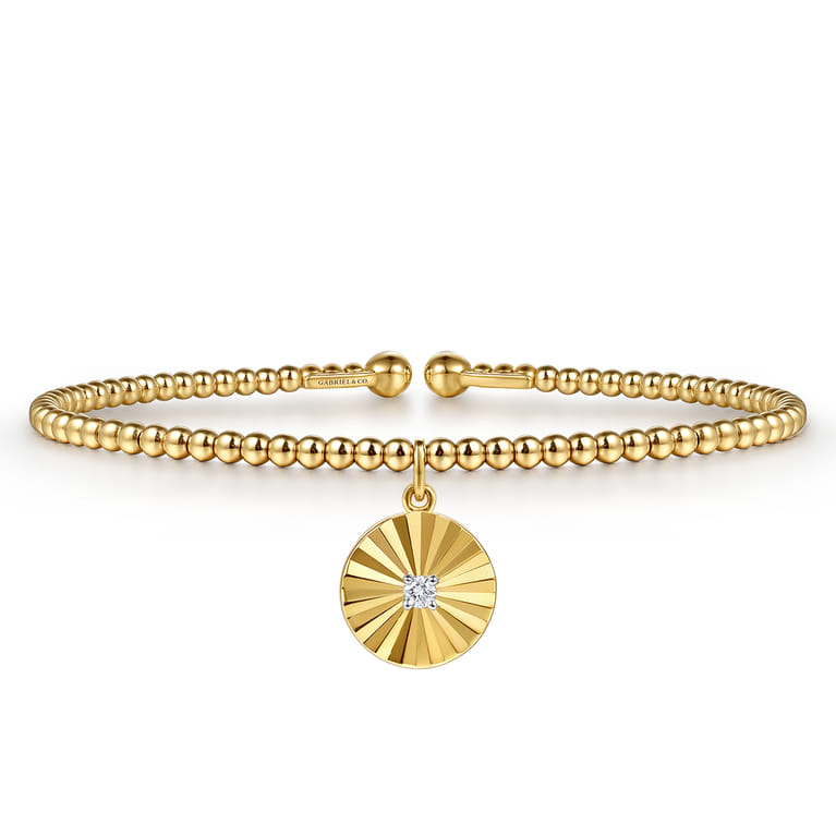 14K White  Yellow Gold Bujukan Beaded Diamond and Diamond Cut Charm Cuff Bangle Bracelet - 0.05 ct - Shot 1
