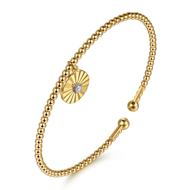 14K White  Yellow Gold Bujukan Beaded Diamond and Diamond Cut Charm Cuff Bangle Bracelet - 0.05 ct - Shot 2