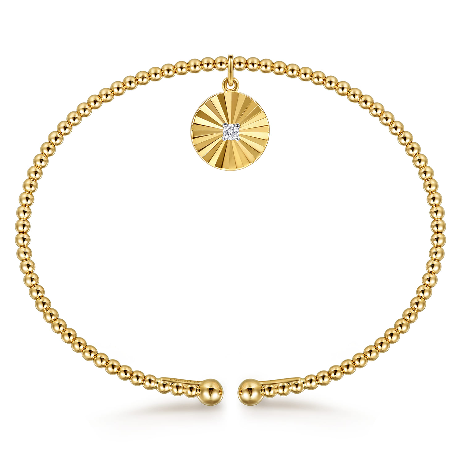 14K White  Yellow Gold Bujukan Beaded Diamond and Diamond Cut Charm Cuff Bangle Bracelet - 0.05 ct - Shot 3
