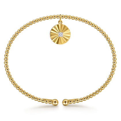 14K White  Yellow Gold Bujukan Beaded Diamond and Diamond Cut Charm Cuff Bangle Bracelet