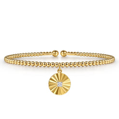 14K White-Yellow Gold Bujukan Beaded Diamond and Diamond Cut Charm Cuff Bangle Bracelet
