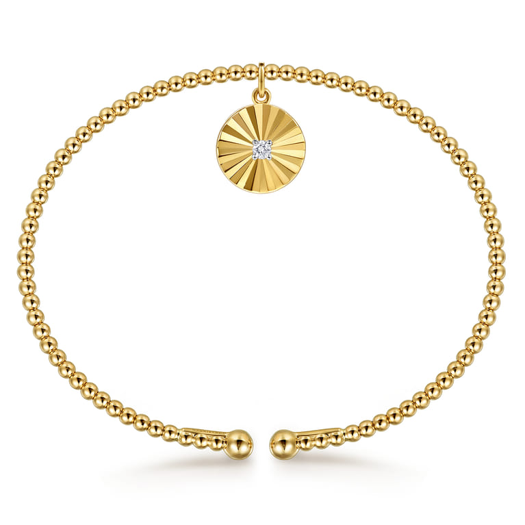 14K White-Yellow Gold Bujukan Beaded Diamond and Diamond Cut Charm Cuff Bangle Bracelet - 0.05 ct - Shot 3