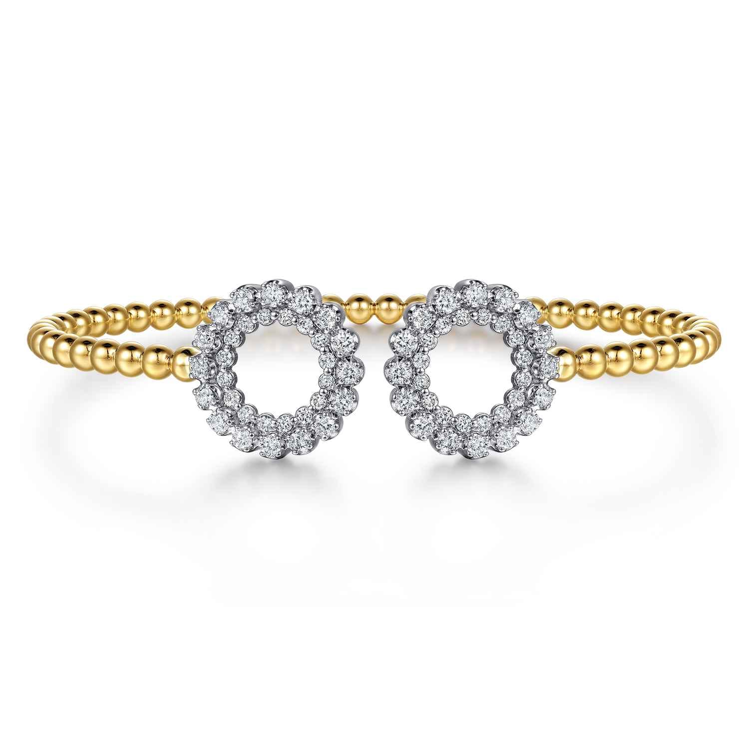 14K White Yellow Gold Bujukan Beaded Double Row Diamond Circle Open Bangle Bracelet - 1 ct - Shot 1