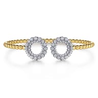 14K White Yellow Gold Bujukan Beaded Double Row Diamond Circle Open Bangle Bracelet