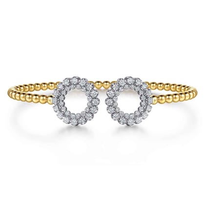 14K White Yellow Gold Bujukan Beaded Double Row Diamond Circle Open Bangle Bracelet