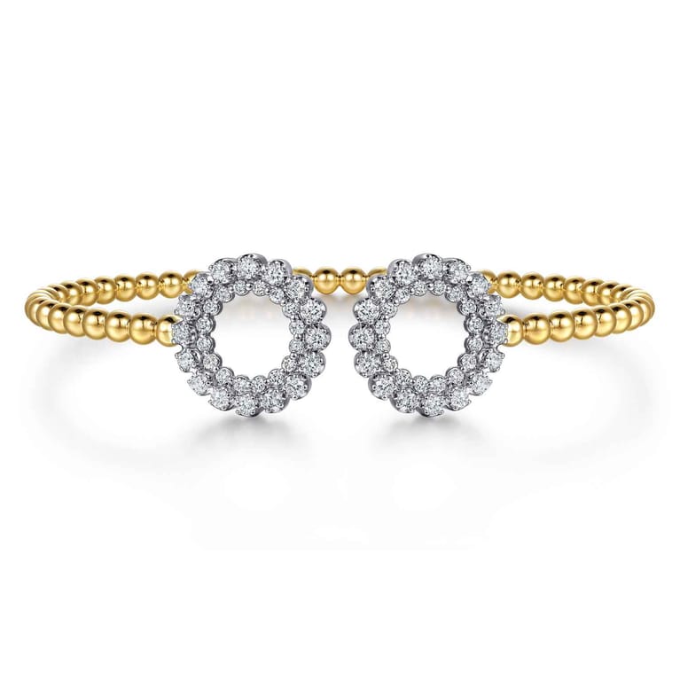 14K White Yellow Gold Bujukan Beaded Double Row Diamond Circle Open Bangle Bracelet - 1 ct - Shot 1