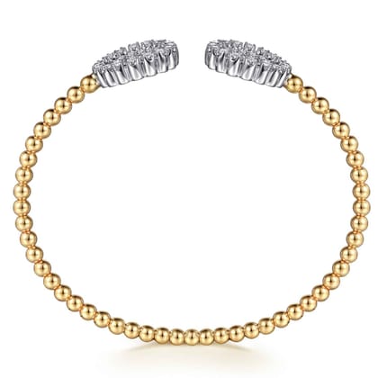 14K White Yellow Gold Bujukan Beaded Double Row Diamond Circle Open Bangle Bracelet