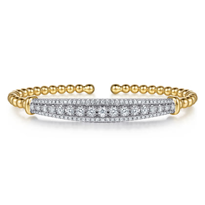 14K White Yellow Gold Bujukan Beaded Graduating Diamond Bar Cuff Bangle Bracelet