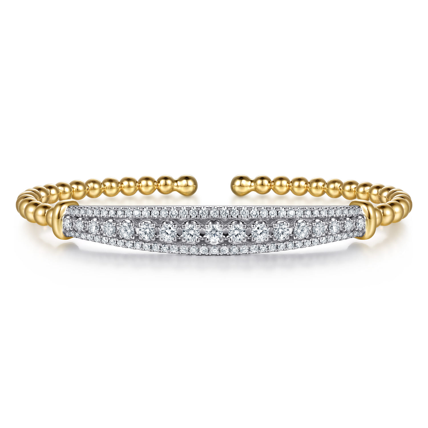 14K White Yellow Gold Bujukan Beaded Graduating Diamond Bar Cuff Bangle Bracelet - 1.1 ct - Shot 1