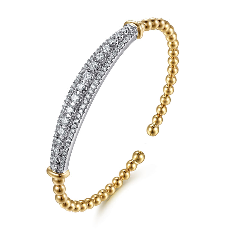 14K White Yellow Gold Bujukan Beaded Graduating Diamond Bar Cuff Bangle Bracelet - 1.1 ct - Shot 2