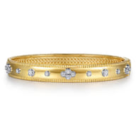 14K White Yellow Gold Bujukan Beaded and Diamond Clover Closed Bangle Bracelet