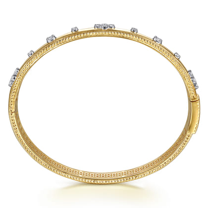 14K White Yellow Gold Bujukan Beaded and Diamond Clover Closed Bangle Bracelet