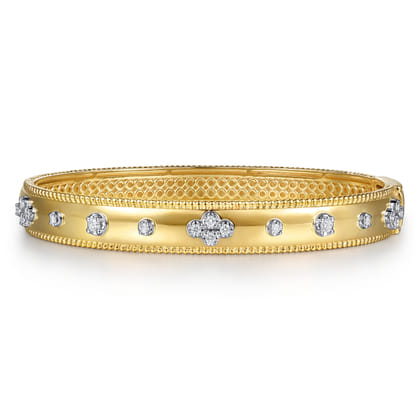 14K White Yellow Gold Bujukan Beaded and Diamond Clover Closed Bangle Bracelet