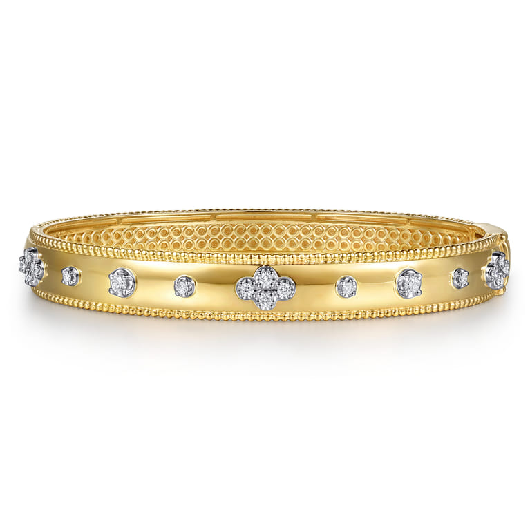 14K White Yellow Gold Bujukan Beaded and Diamond Clover Closed Bangle Bracelet - 0.35 ct - Shot 1