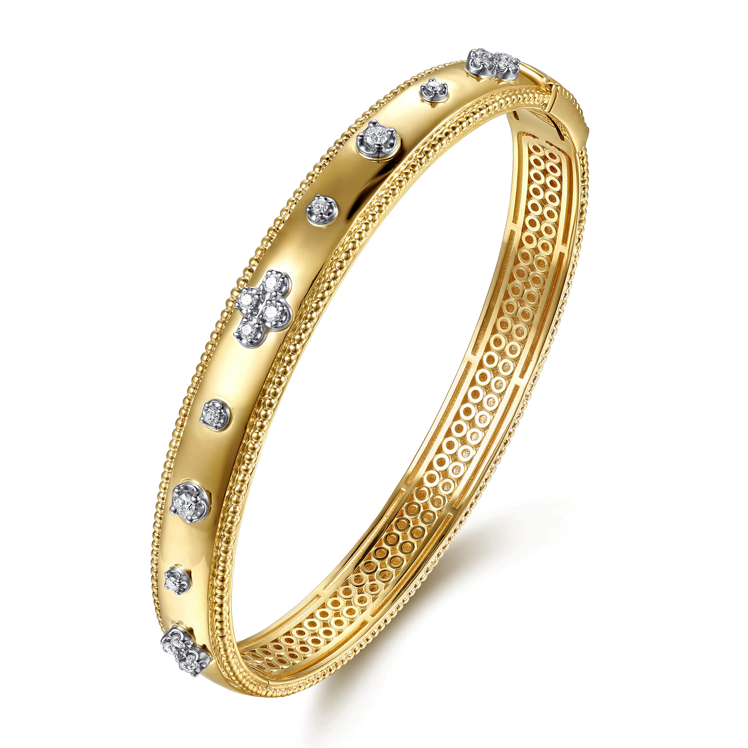 14K White Yellow Gold Bujukan Beaded and Diamond Clover Closed Bangle Bracelet - 0.35 ct - Shot 2