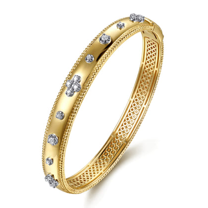14K White Yellow Gold Bujukan Beaded and Diamond Clover Closed Bangle Bracelet