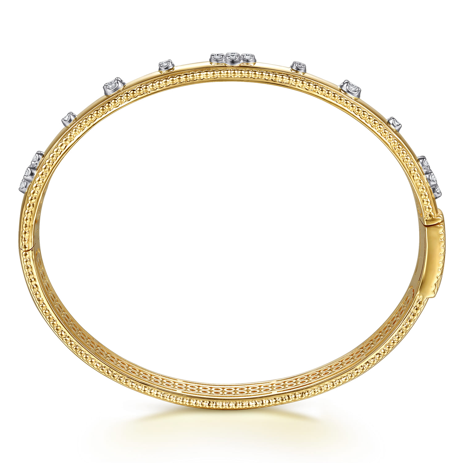 14K White Yellow Gold Bujukan Beaded and Diamond Clover Closed Bangle Bracelet - 0.35 ct - Shot 3