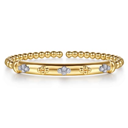 14K White  Yellow Gold Bujukan Beaded and Diamond Clover Cuff Bangle Bracelet