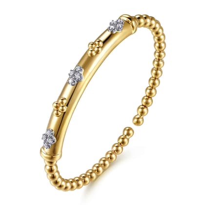 14K White  Yellow Gold Bujukan Beaded and Diamond Clover Cuff Bangle Bracelet