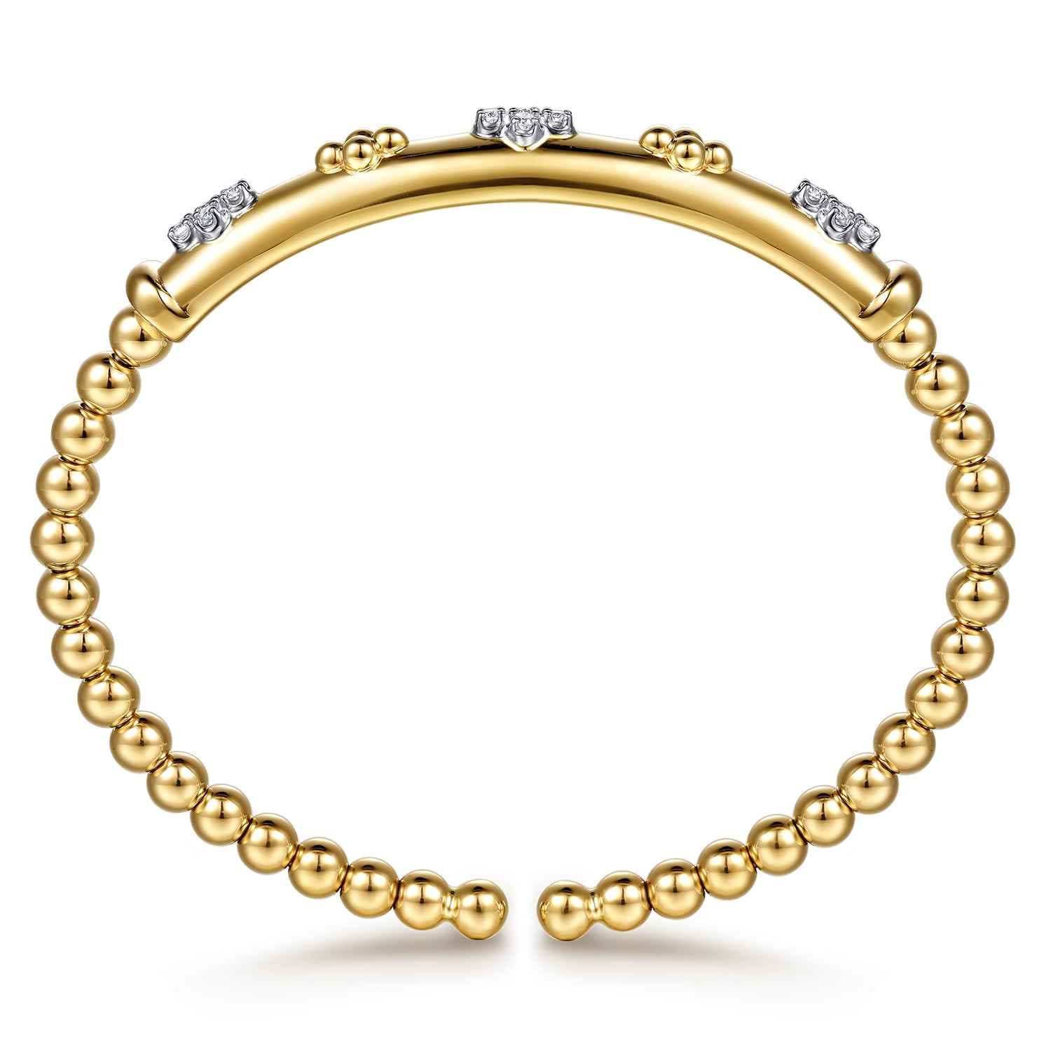 14K White  Yellow Gold Bujukan Beaded and Diamond Clover Cuff Bangle Bracelet - 0.22 ct - Shot 3