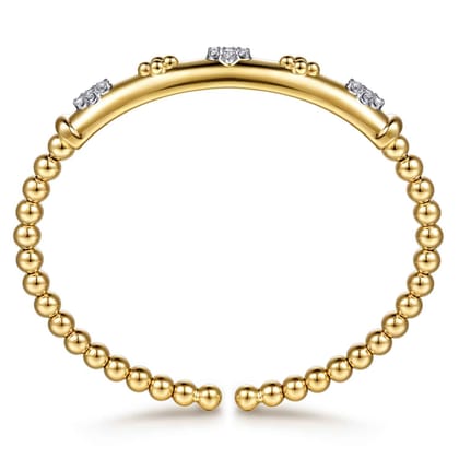 14K White  Yellow Gold Bujukan Beaded and Diamond Clover Cuff Bangle Bracelet