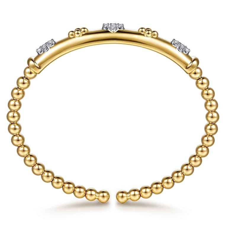 14K White  Yellow Gold Bujukan Beaded and Diamond Clover Cuff Bangle Bracelet - 0.22 ct - Shot 3