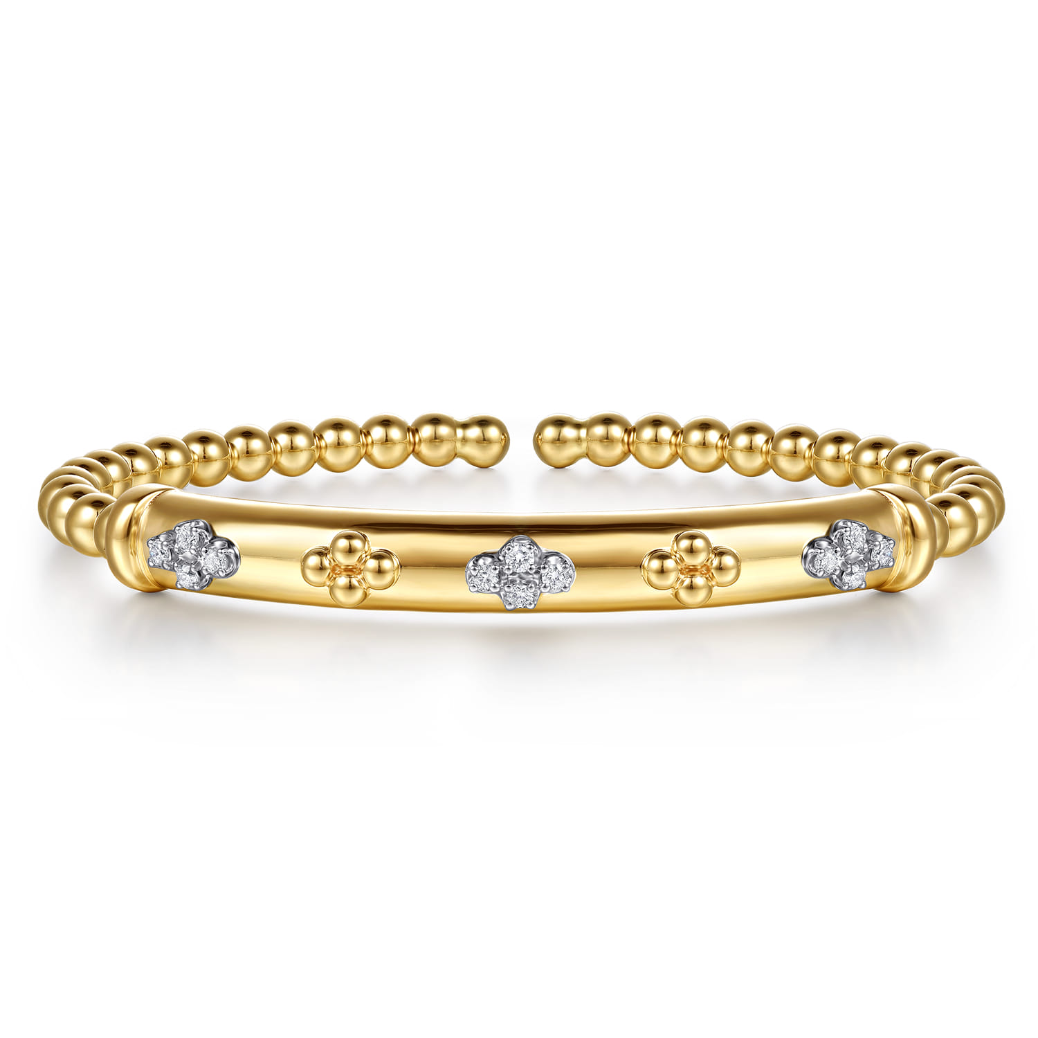 14K White  Yellow Gold Bujukan Beaded and Diamond Clover Cuff Bangle Bracelet - 0.22 ct - Shot 1