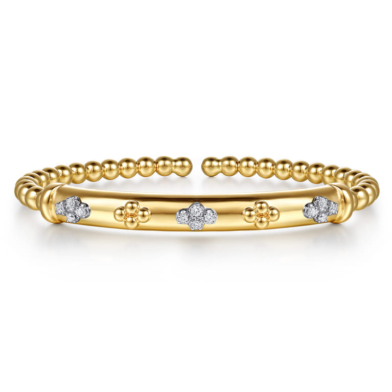 14K White  Yellow Gold Bujukan Beaded and Diamond Clover Cuff Bangle Bracelet - 0.22 ct - Shot 1
