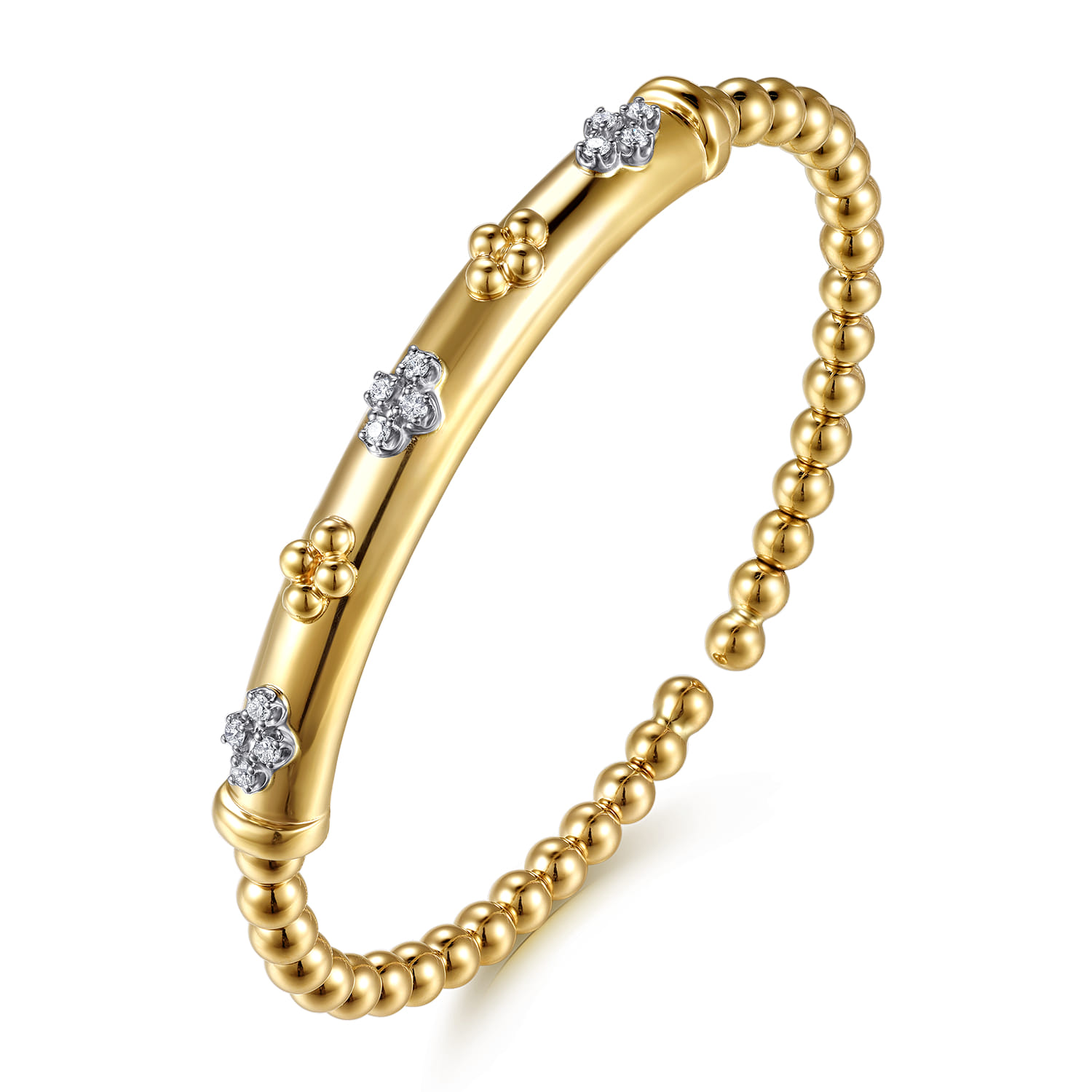 14K White  Yellow Gold Bujukan Beaded and Diamond Clover Cuff Bangle Bracelet - 0.22 ct - Shot 2