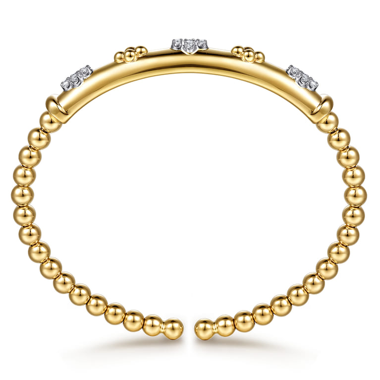 14K White  Yellow Gold Bujukan Beaded and Diamond Clover Cuff Bangle Bracelet - 0.22 ct - Shot 3