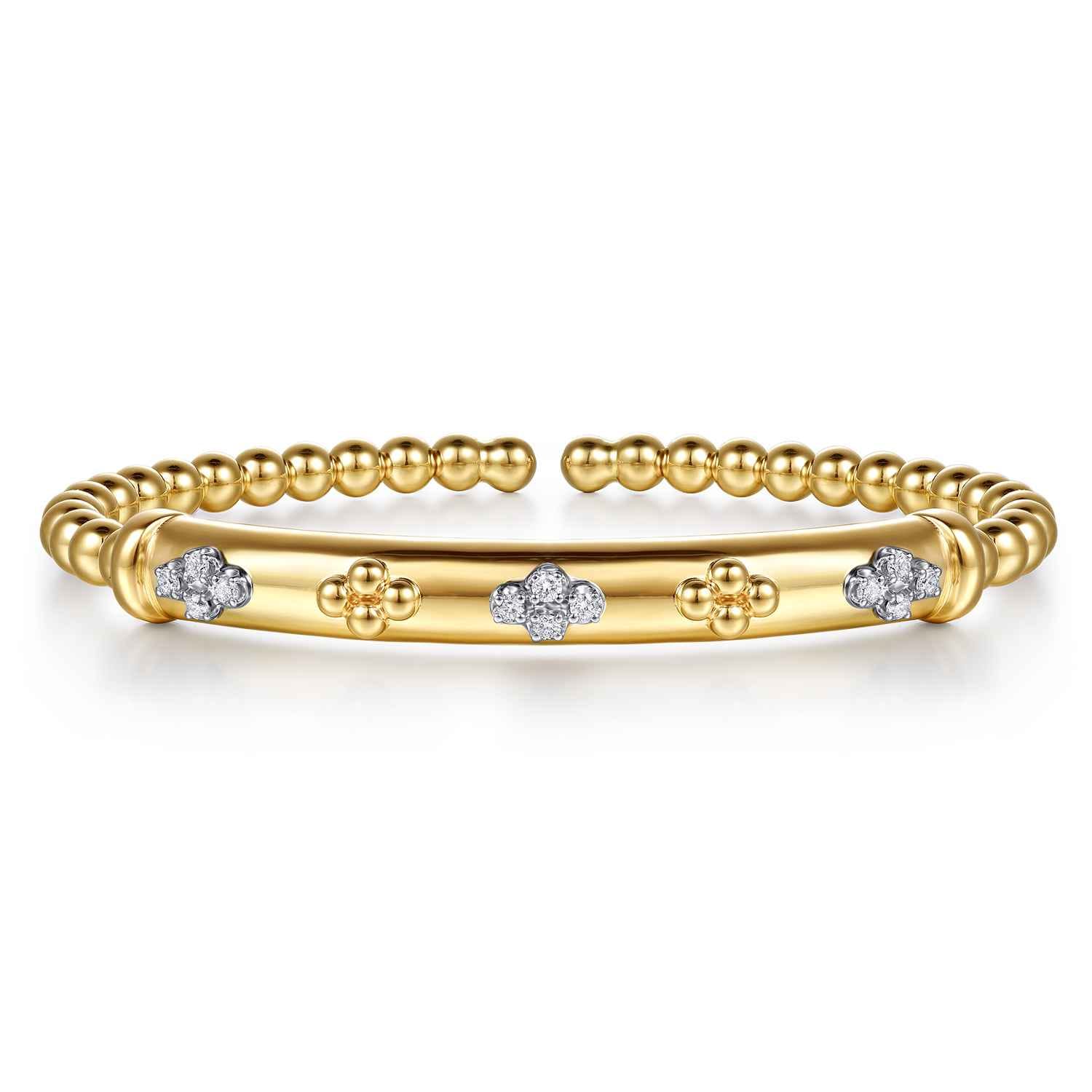 14K White  Yellow Gold Bujukan Beaded and Diamond Clover Cuff Bangle Bracelet - 0.22 ct - Shot 1