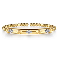 14K White  Yellow Gold Bujukan Beaded and Diamond Clover Cuff Bangle Bracelet