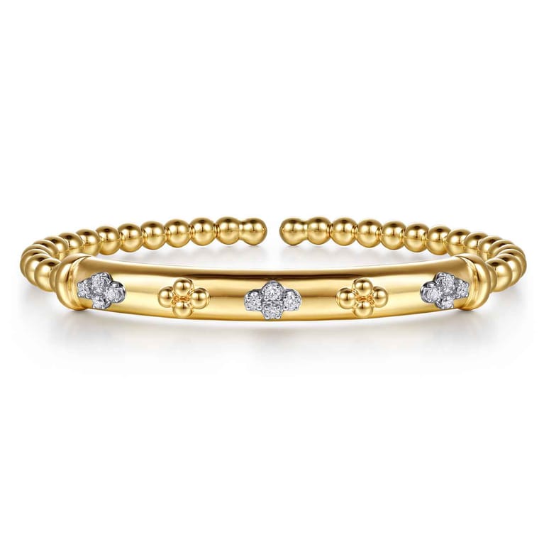 14K White  Yellow Gold Bujukan Beaded and Diamond Clover Cuff Bangle Bracelet - 0.22 ct - Shot 1