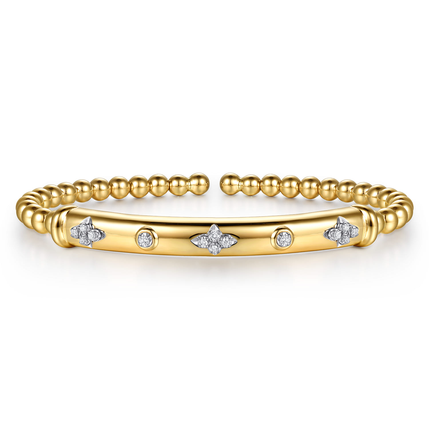 14K White  Yellow Gold Bujukan Beads Diamond Clover Station Cuff Bangle Bracelet - 0.12 ct - Shot 1