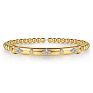 14K White  Yellow Gold Bujukan Beads Diamond Clover Station Cuff Bangle Bracelet
