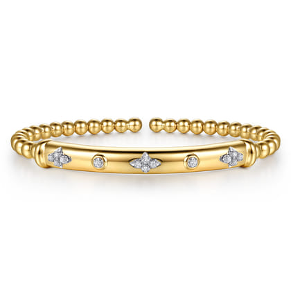 14K White  Yellow Gold Bujukan Beads Diamond Clover Station Cuff Bangle Bracelet