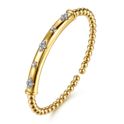 14K White  Yellow Gold Bujukan Beads Diamond Clover Station Cuff Bangle Bracelet