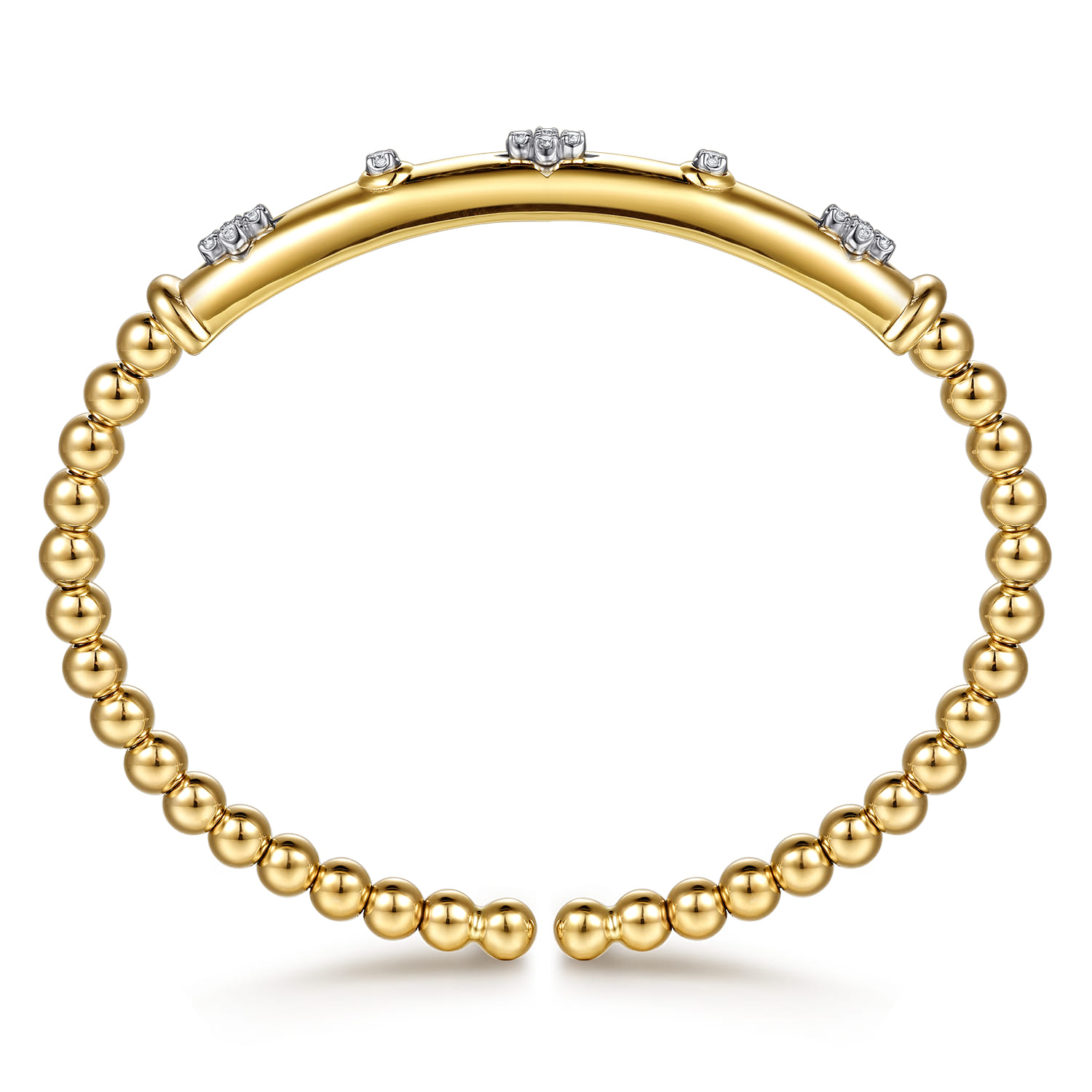 14K White  Yellow Gold Bujukan Beads Diamond Clover Station Cuff Bangle Bracelet - 0.12 ct - Shot 3