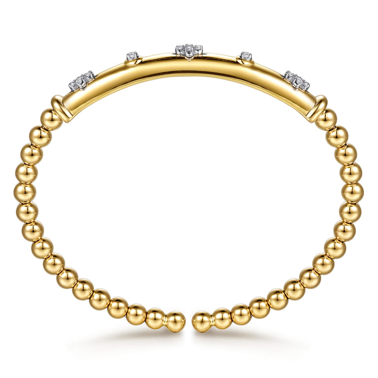 14K White  Yellow Gold Bujukan Beads Diamond Clover Station Cuff Bangle Bracelet - 0.12 ct - Shot 3