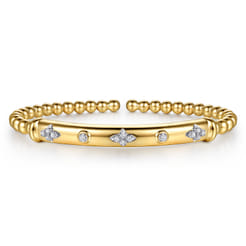 14K White  Yellow Gold Bujukan Beads Diamond Clover Station Cuff Bangle Bracelet