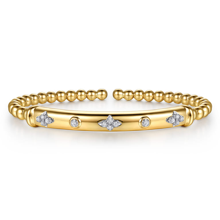 14K White  Yellow Gold Bujukan Beads Diamond Clover Station Cuff Bangle Bracelet - 0.12 ct - Shot 1