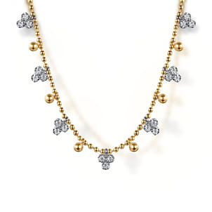 14K White  Yellow Gold Bujukan Beads and Diamond Droplet Necklace