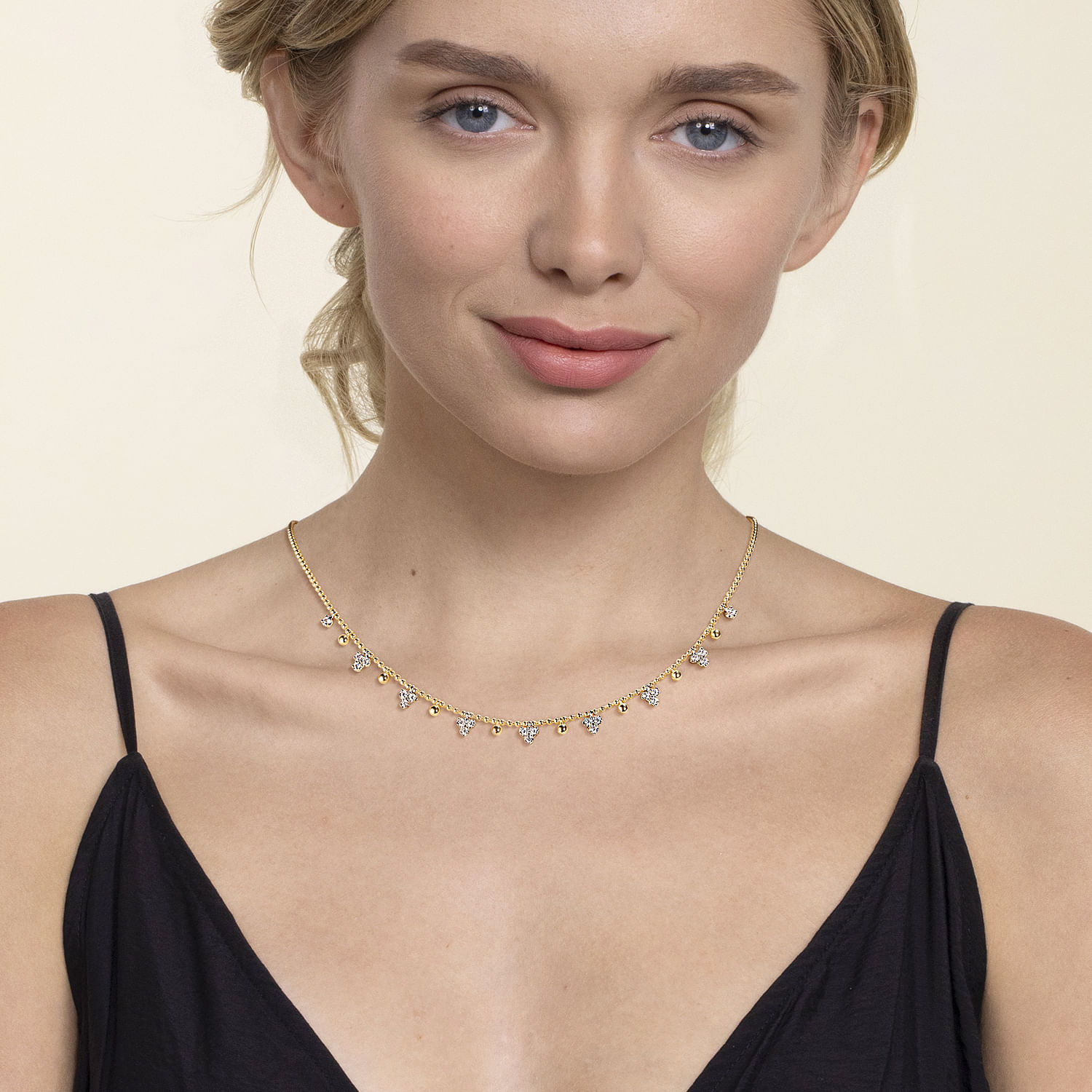 14K White  Yellow Gold Bujukan Beads and Diamond Droplet Necklace