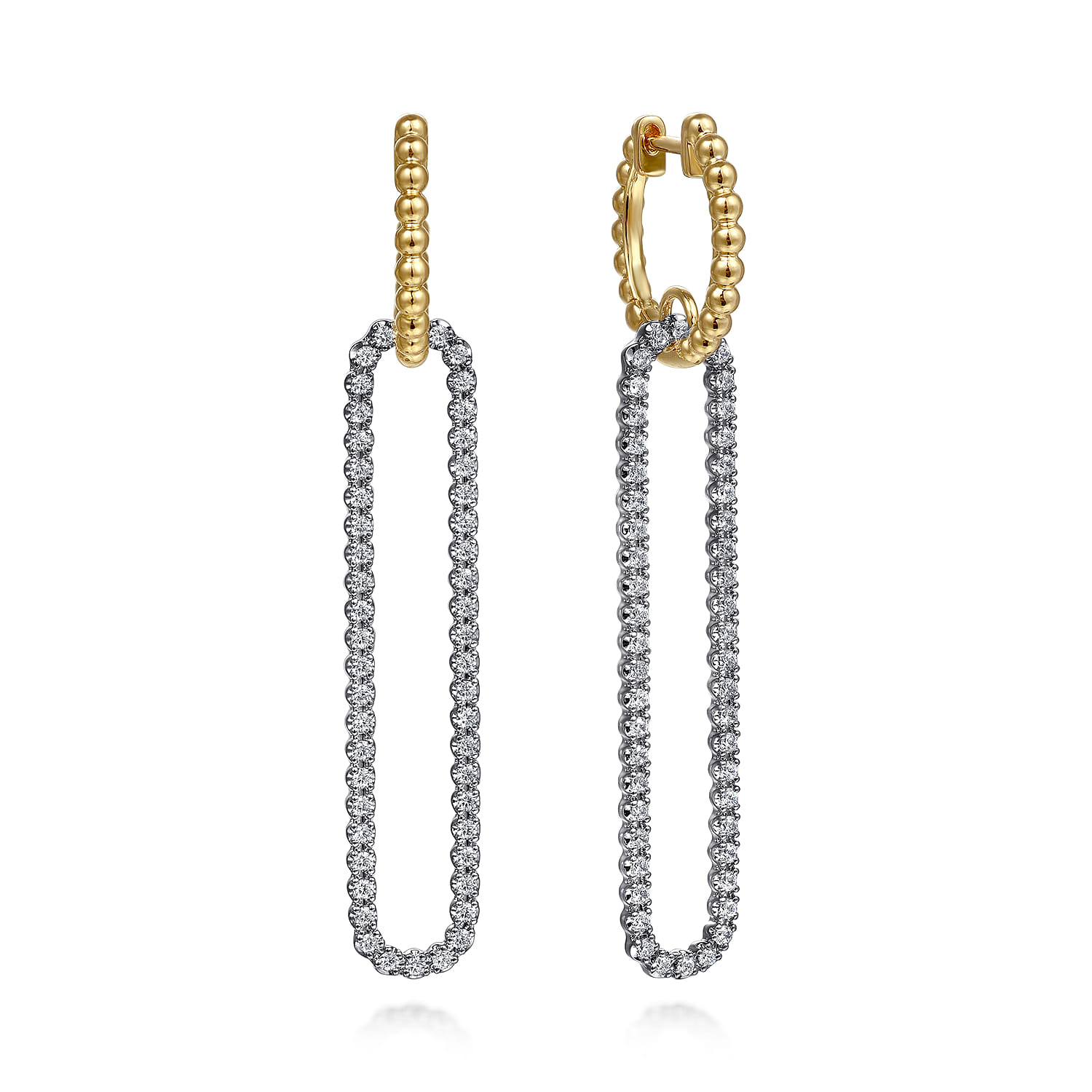 14K White  Yellow Gold Bujukan Beads and Diamond Huggie Drop Earrings - 0.75 ct - Shot 1